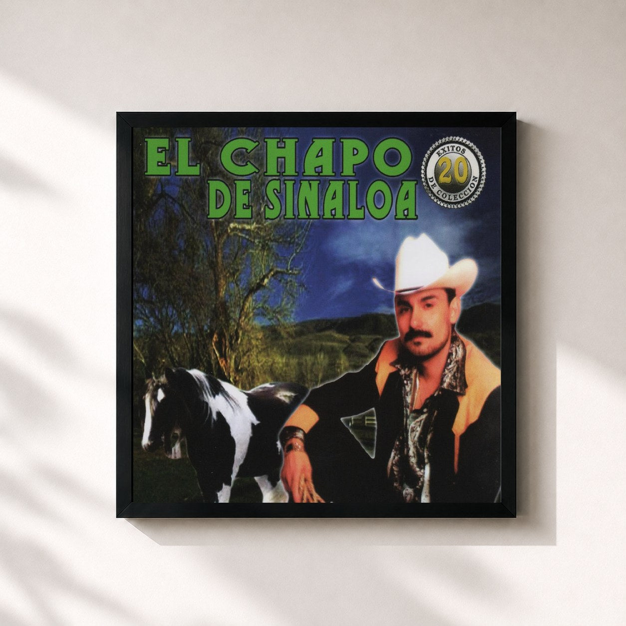 #noir Tableau carré de l'album 20 Exitos de Coleccion de El Chapo De Sinaloa, cadre noir 32x32 cm