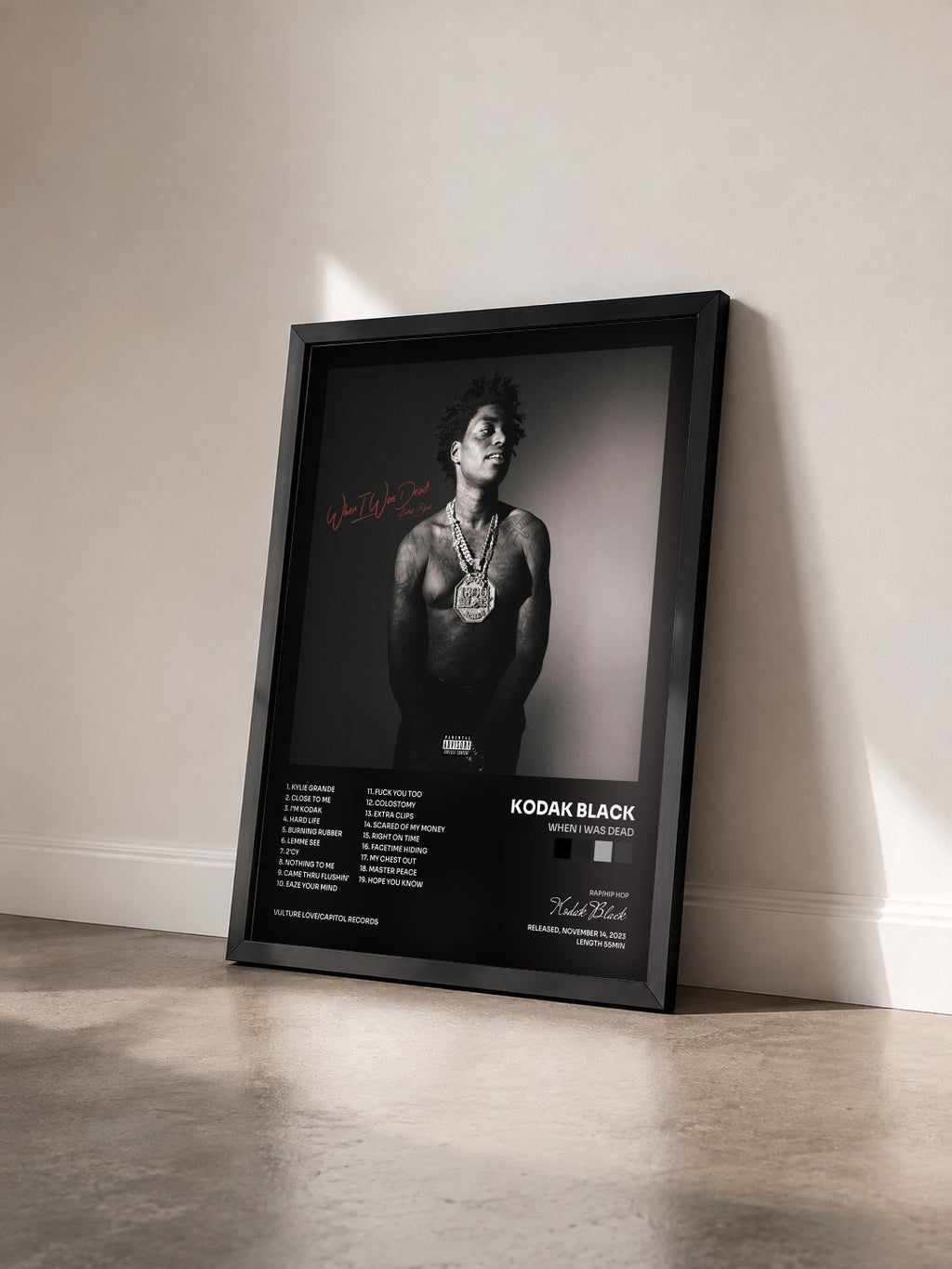 #noir Tableau de l'album When I Was Dead de Kodak Black vu de trois quarts, cadre noir