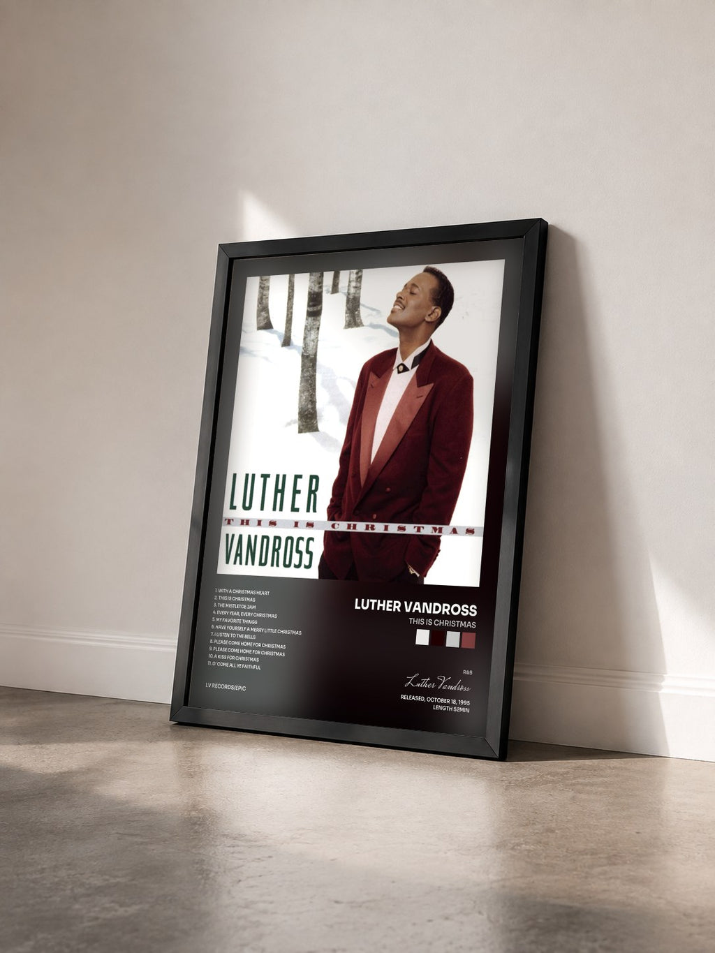 #noir This Is Christmas by Luther Vandross as a framed art print seen at an angle, black frame