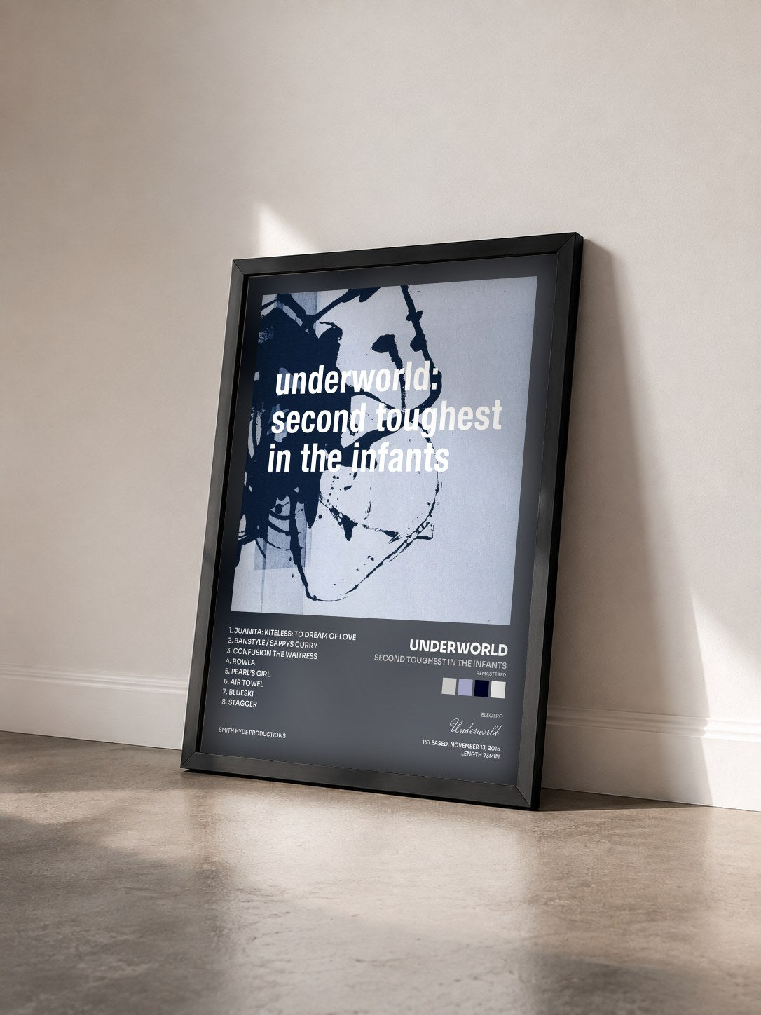 #noir Second Toughest In The Infants (Remastered) by Underworld as a framed art print seen at an angle, black frame