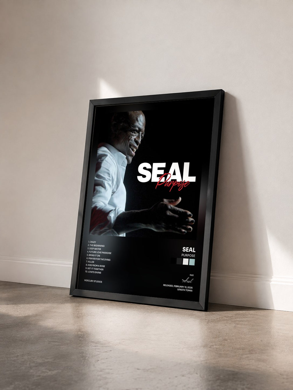 #noir Tableau de l'album Purpose de Seal vu de trois quarts, cadre noir