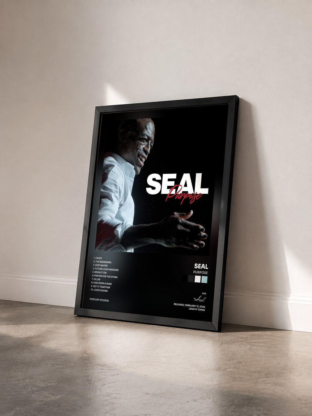 #noir Tableau de l'album Purpose de Seal vu de trois quarts, cadre noir
