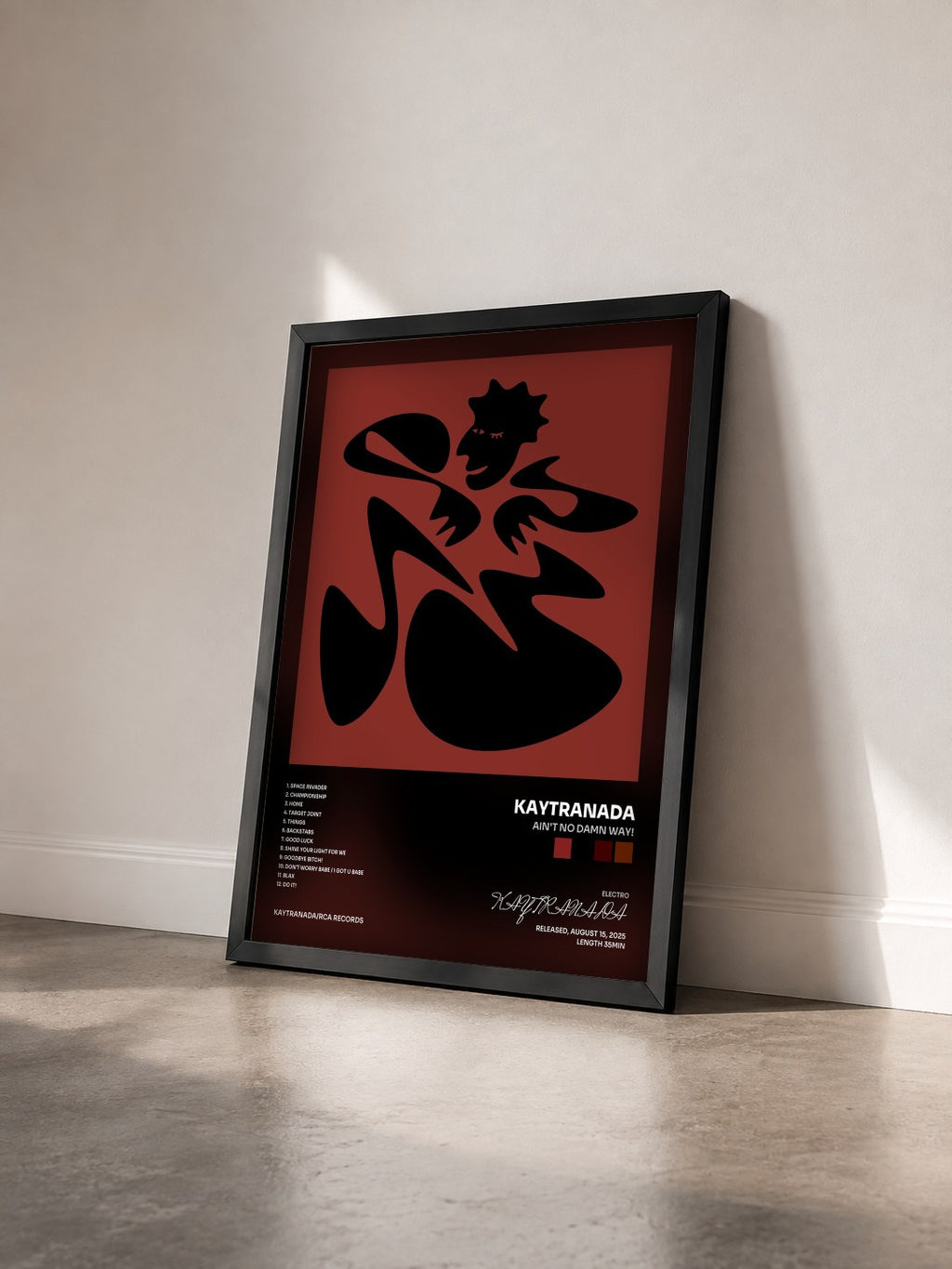 #noir AIN'T NO DAMN WAY! by KAYTRANADA as a framed art print seen at an angle, black frame
