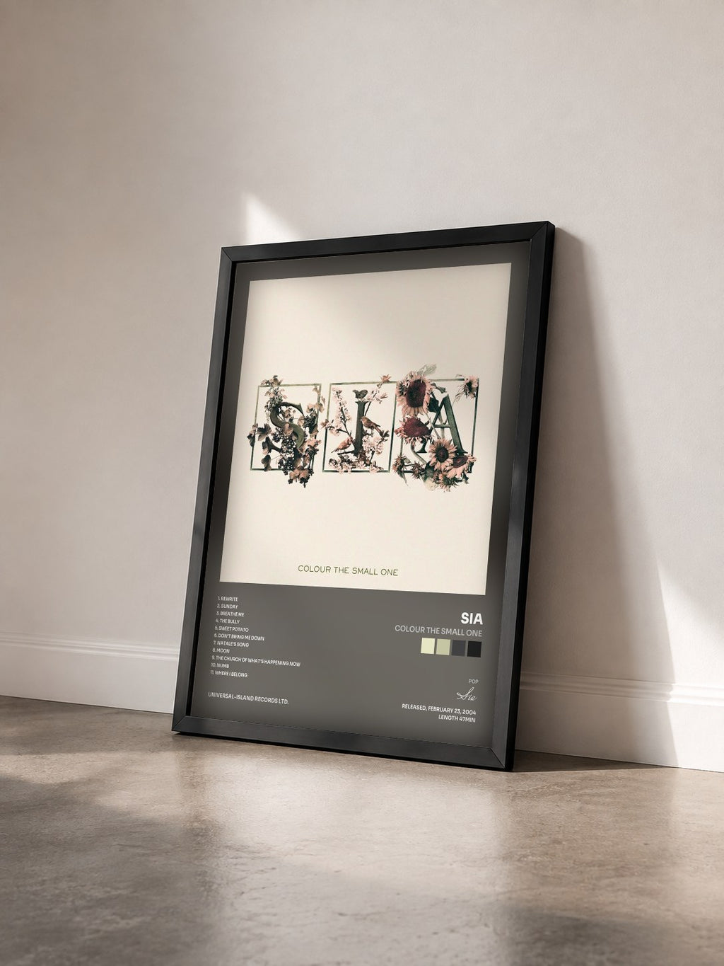 #noir Tableau de l'album Colour The Small One de Sia vu de trois quarts, cadre noir