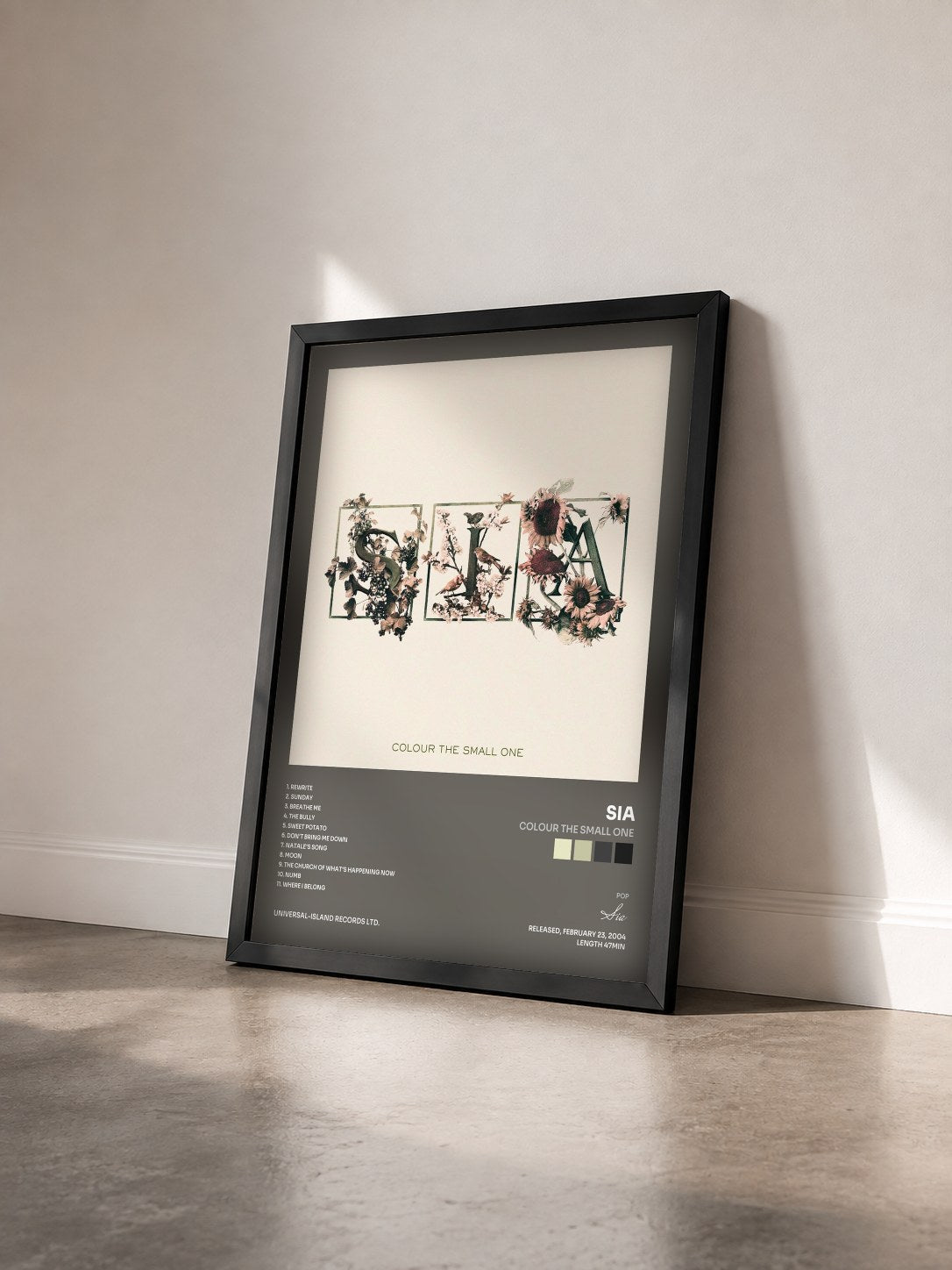 #noir Tableau de l'album Colour The Small One de Sia vu de trois quarts, cadre noir