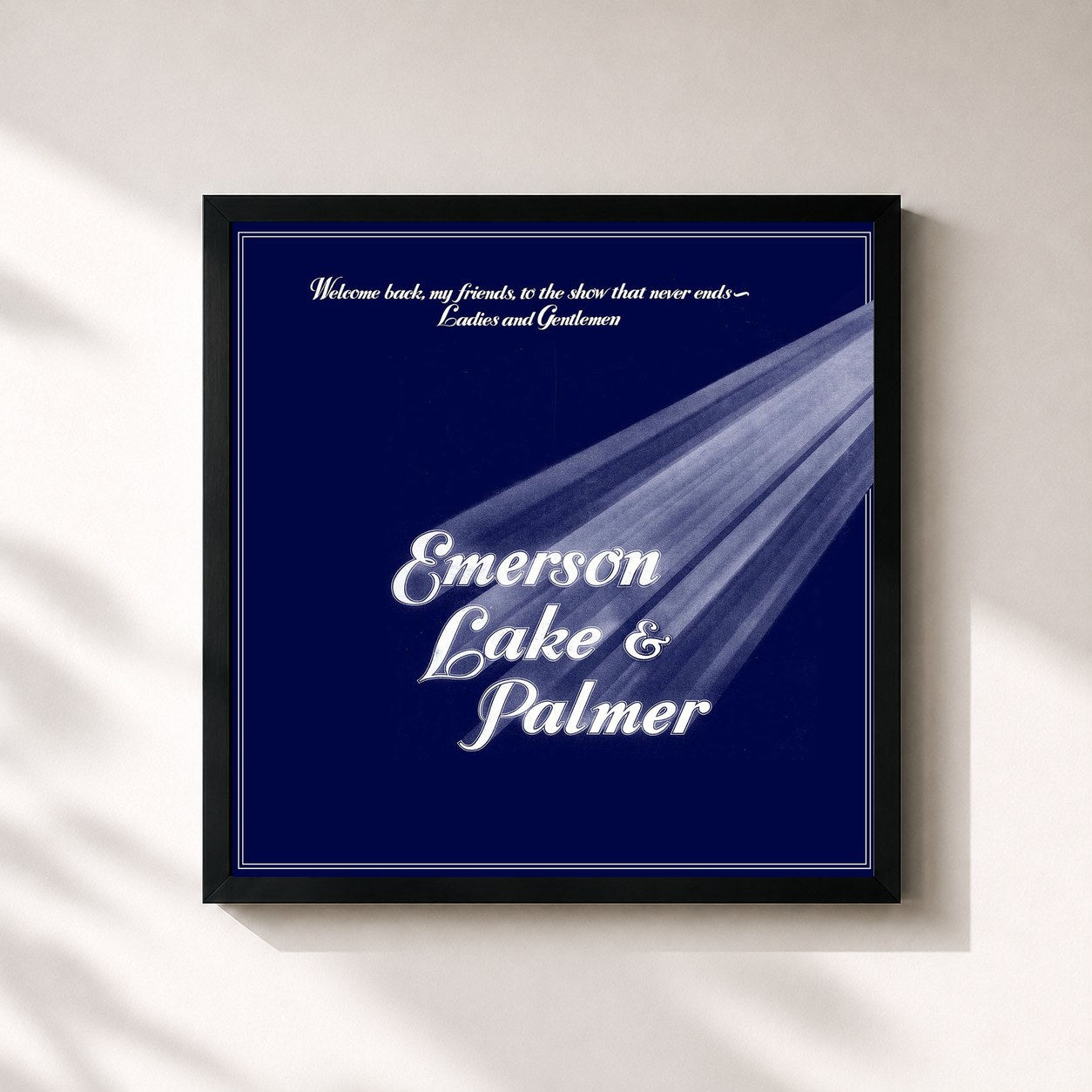#noir Tableau carré de l'album Welcome Back My Friends to the Show That Never Ends - Ladies and Gentlemen de Emerson, Lake & Palmer, cadre noir 32x32 cm