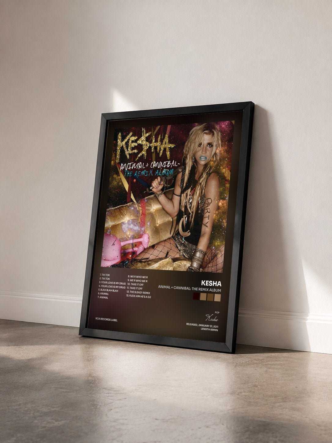 #noir Tableau de l'album Animal + Cannibal: The Remix Album de Kesha vu de trois quarts, cadre noir