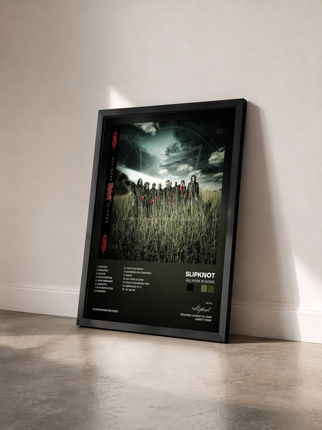 #noir Tableau de l'album All Hope Is Gone de Slipknot vu de trois quarts, cadre noir