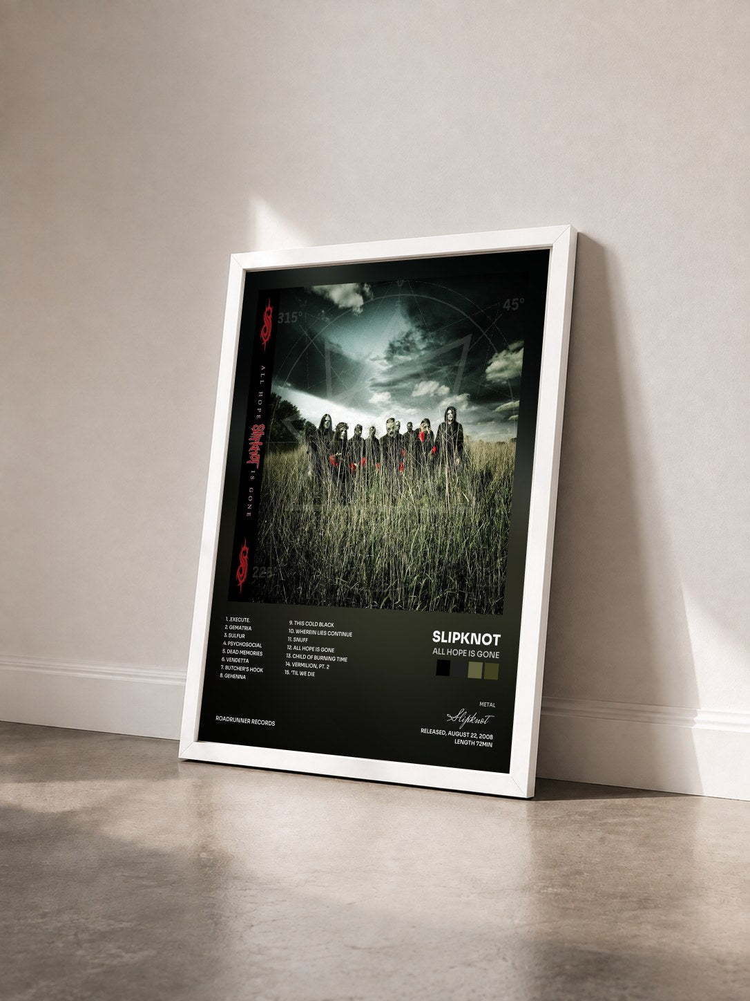 #blanc Tableau de l'album All Hope Is Gone de Slipknot vu de trois quarts, cadre blanc
