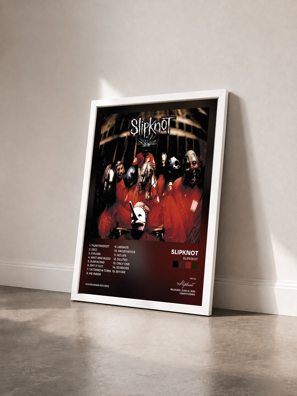 #blanc Tableau de l'album Slipknot de Slipknot vu de trois quarts, cadre blanc