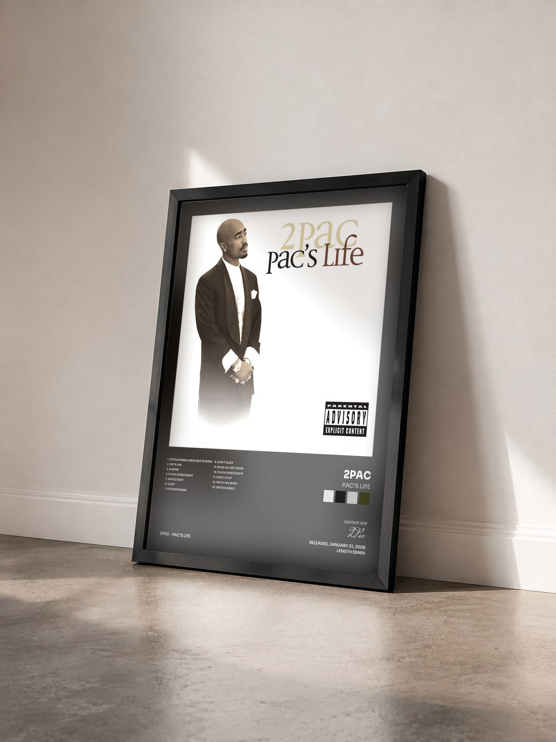 #noir Pac's Life by 2Pac as a framed art print seen at an angle, black frame