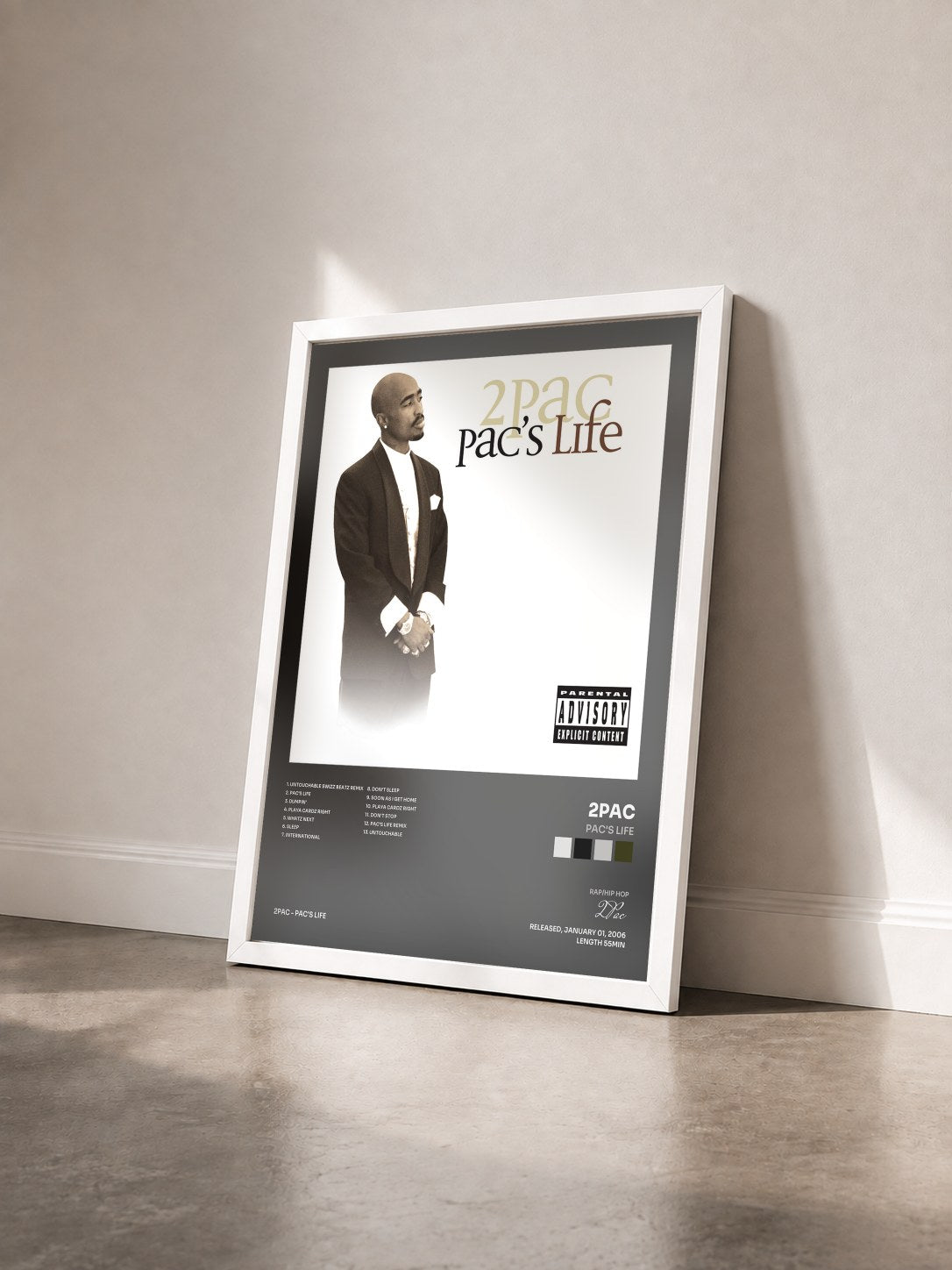 #blanc Pac's Life by 2Pac as a framed art print seen at an angle, white frame