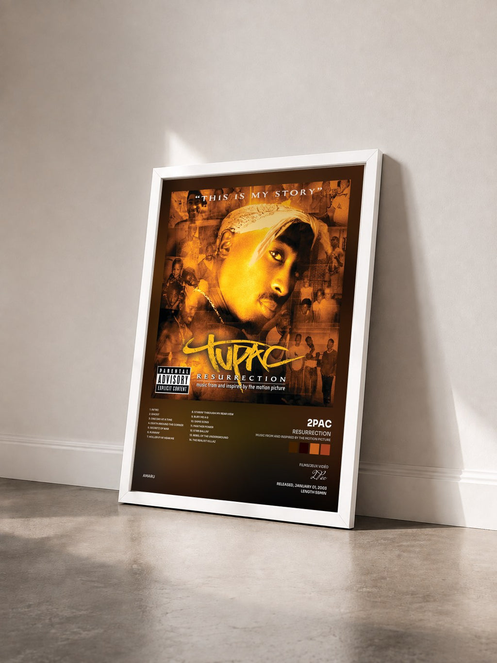 #blanc Resurrection (Music From And Inspired By The Motion Picture) de 2Pac en lámina enmarcada vista de tres cuartos, marco blanco