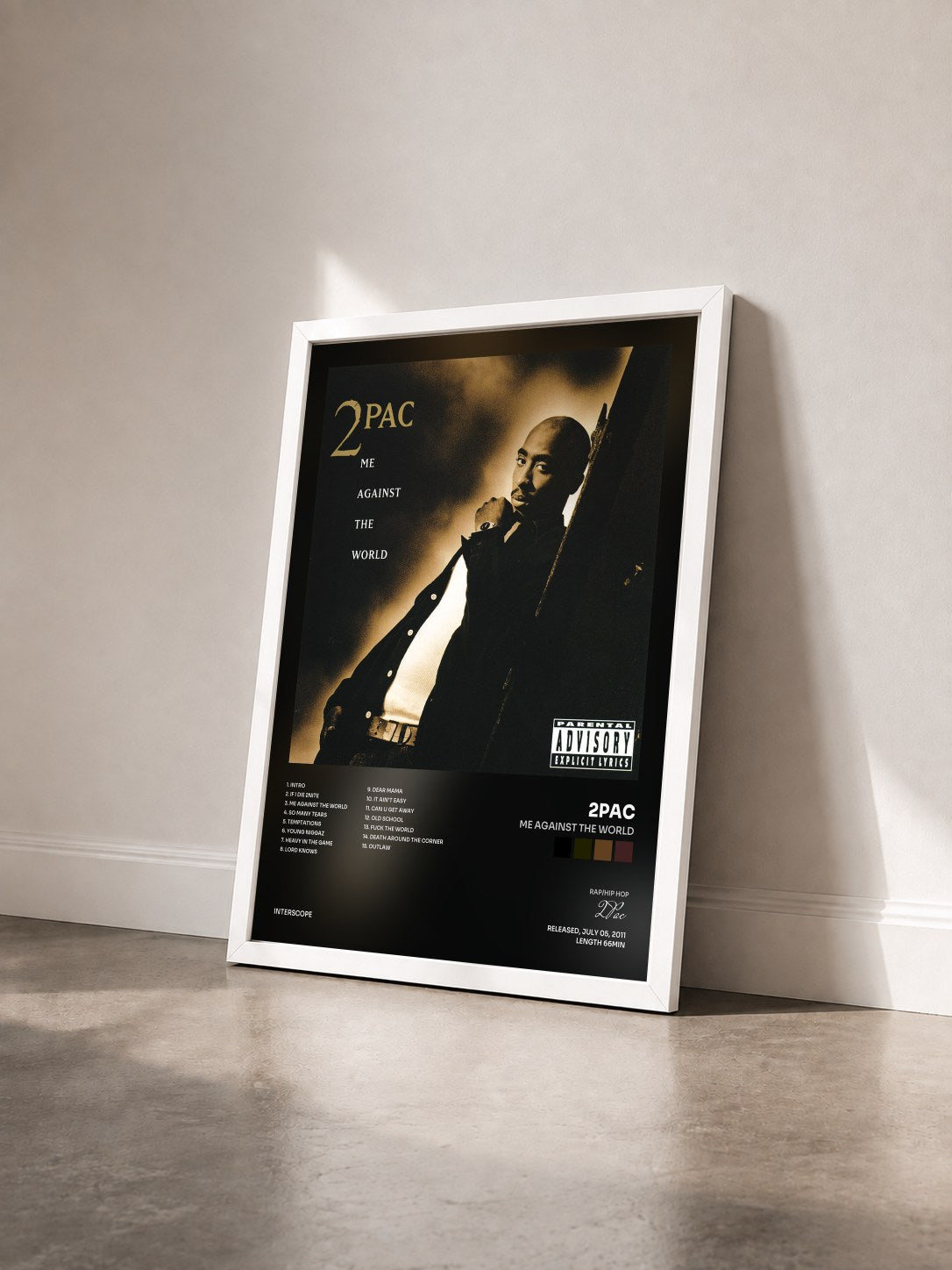 #blanc Tableau de l'album Me Against The World de 2Pac vu de trois quarts, cadre blanc