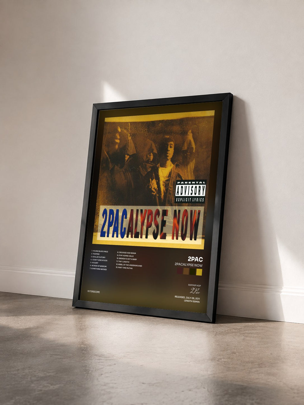 #noir Tableau de l'album 2Pacalypse Now de 2Pac vu de trois quarts, cadre noir