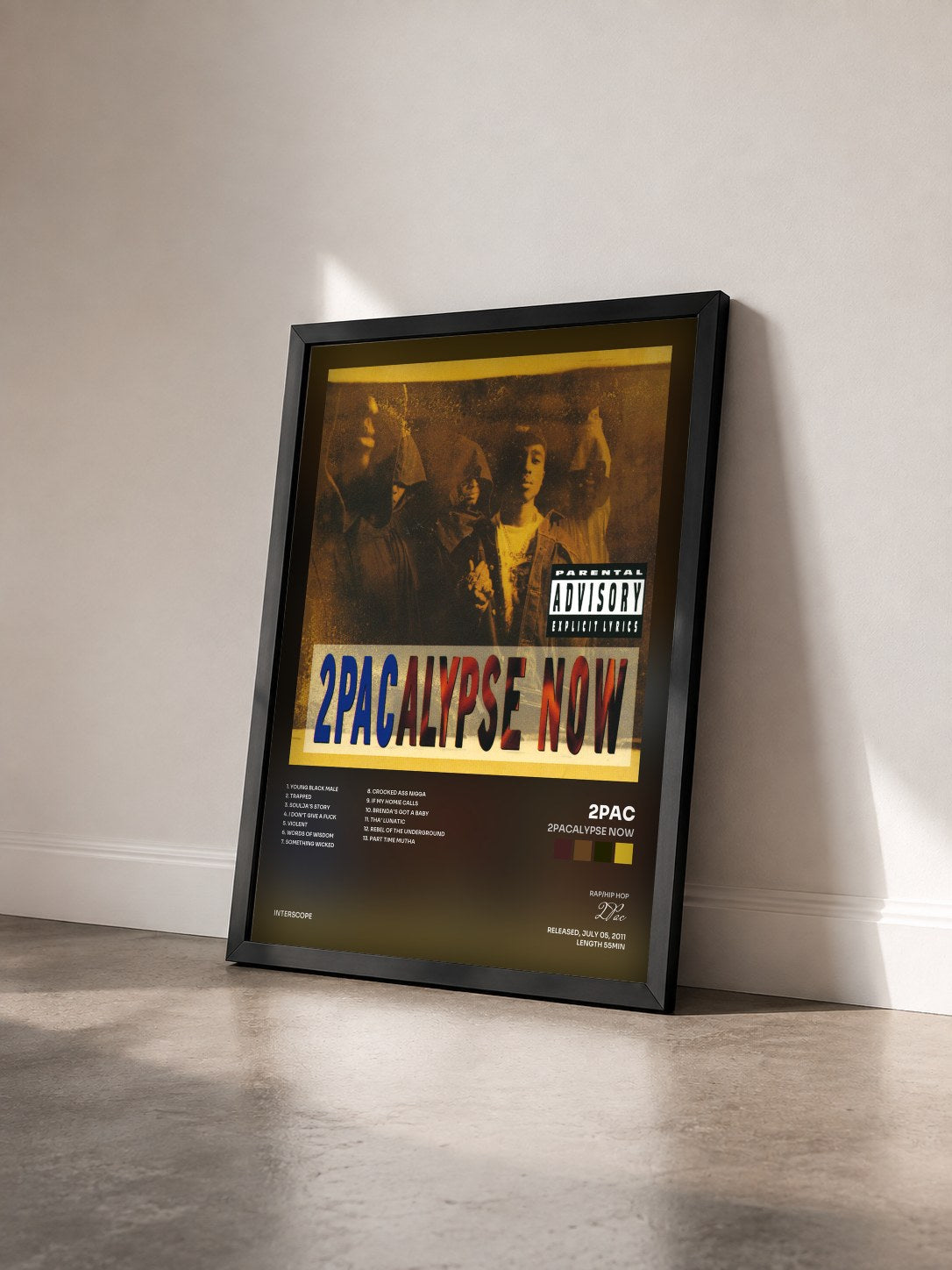 #noir Tableau de l'album 2Pacalypse Now de 2Pac vu de trois quarts, cadre noir