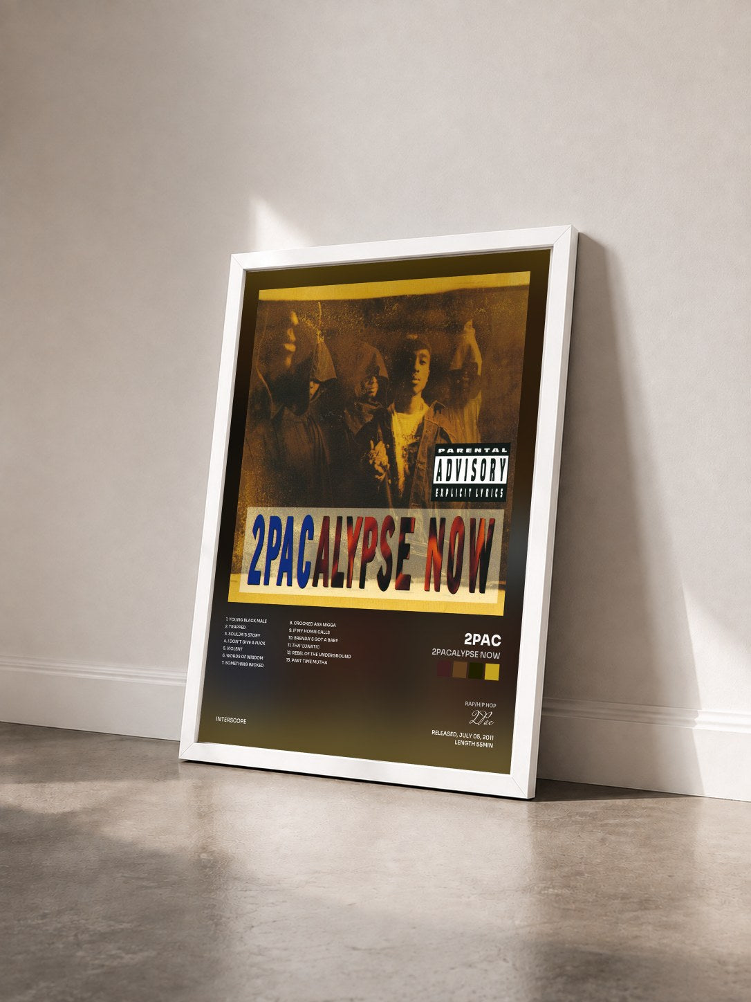 #blanc Tableau de l'album 2Pacalypse Now de 2Pac vu de trois quarts, cadre blanc