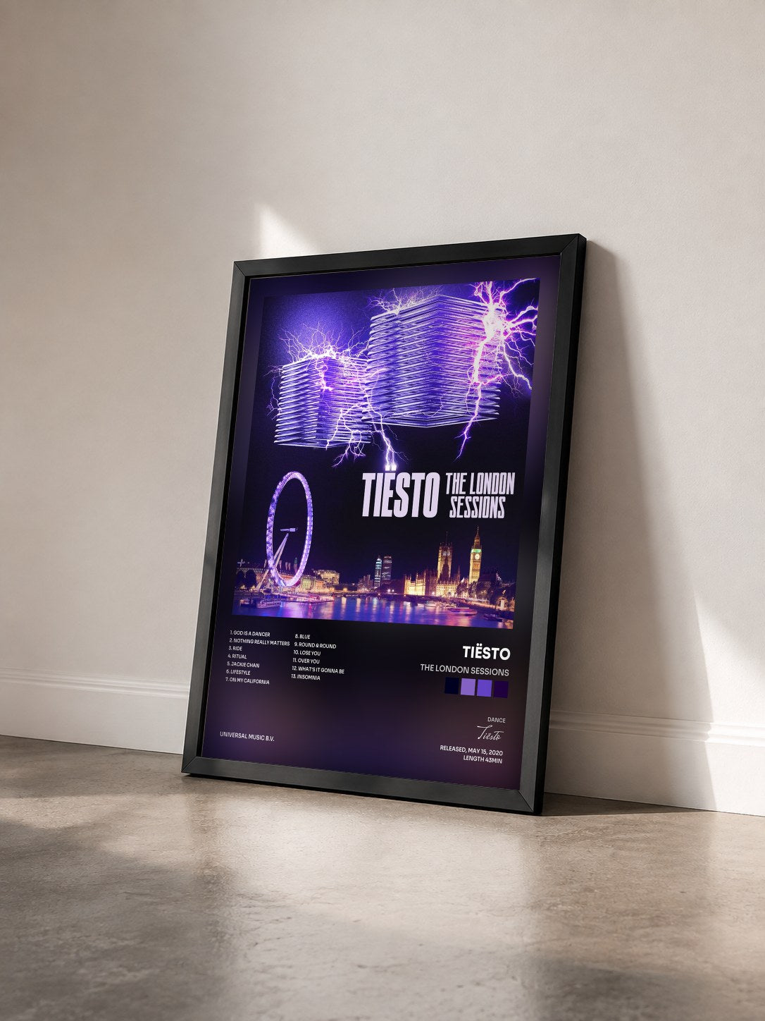 #noir Tableau de l'album The London Sessions de Tiësto vu de trois quarts, cadre noir