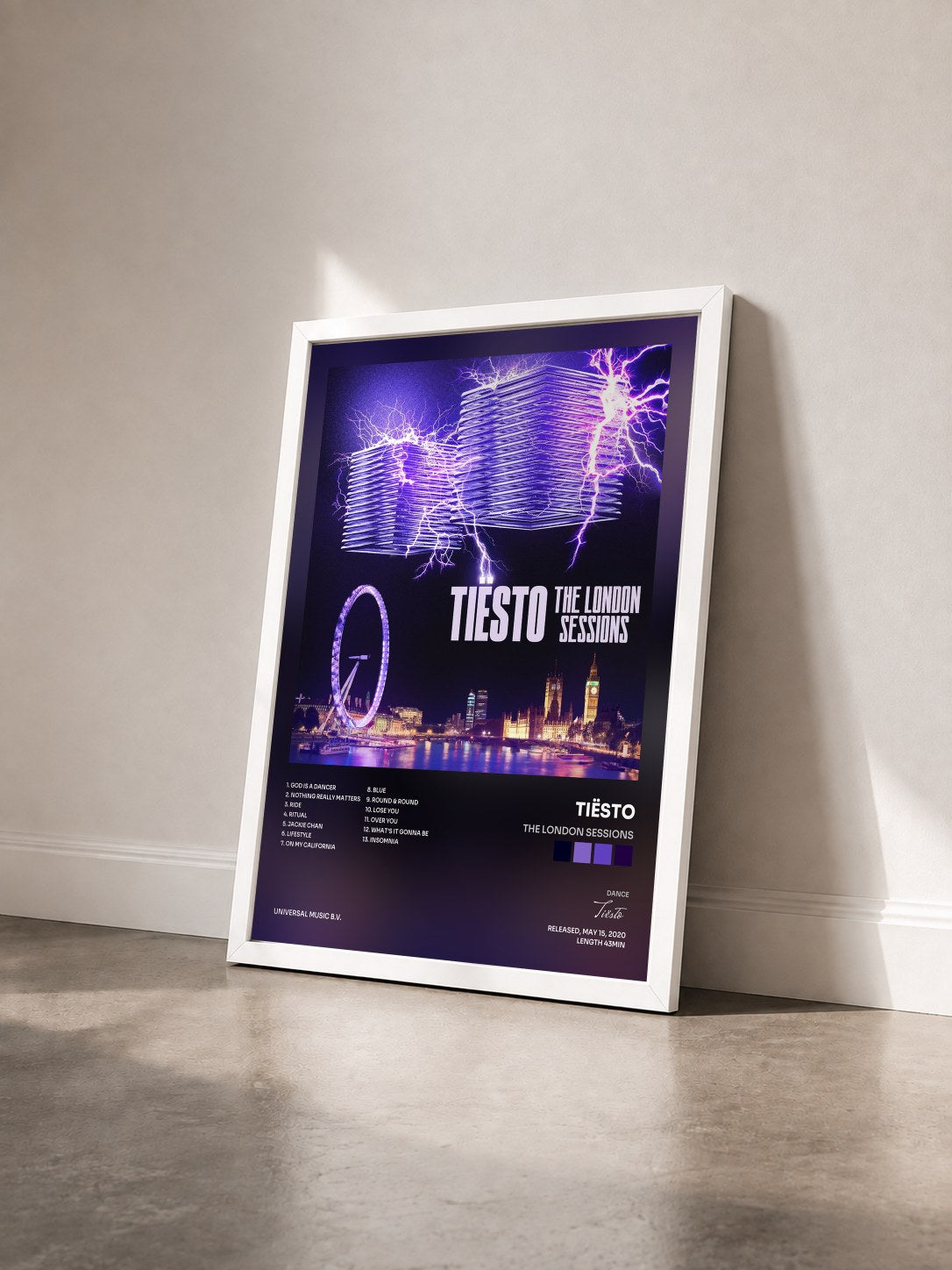 #blanc Tableau de l'album The London Sessions de Tiësto vu de trois quarts, cadre blanc