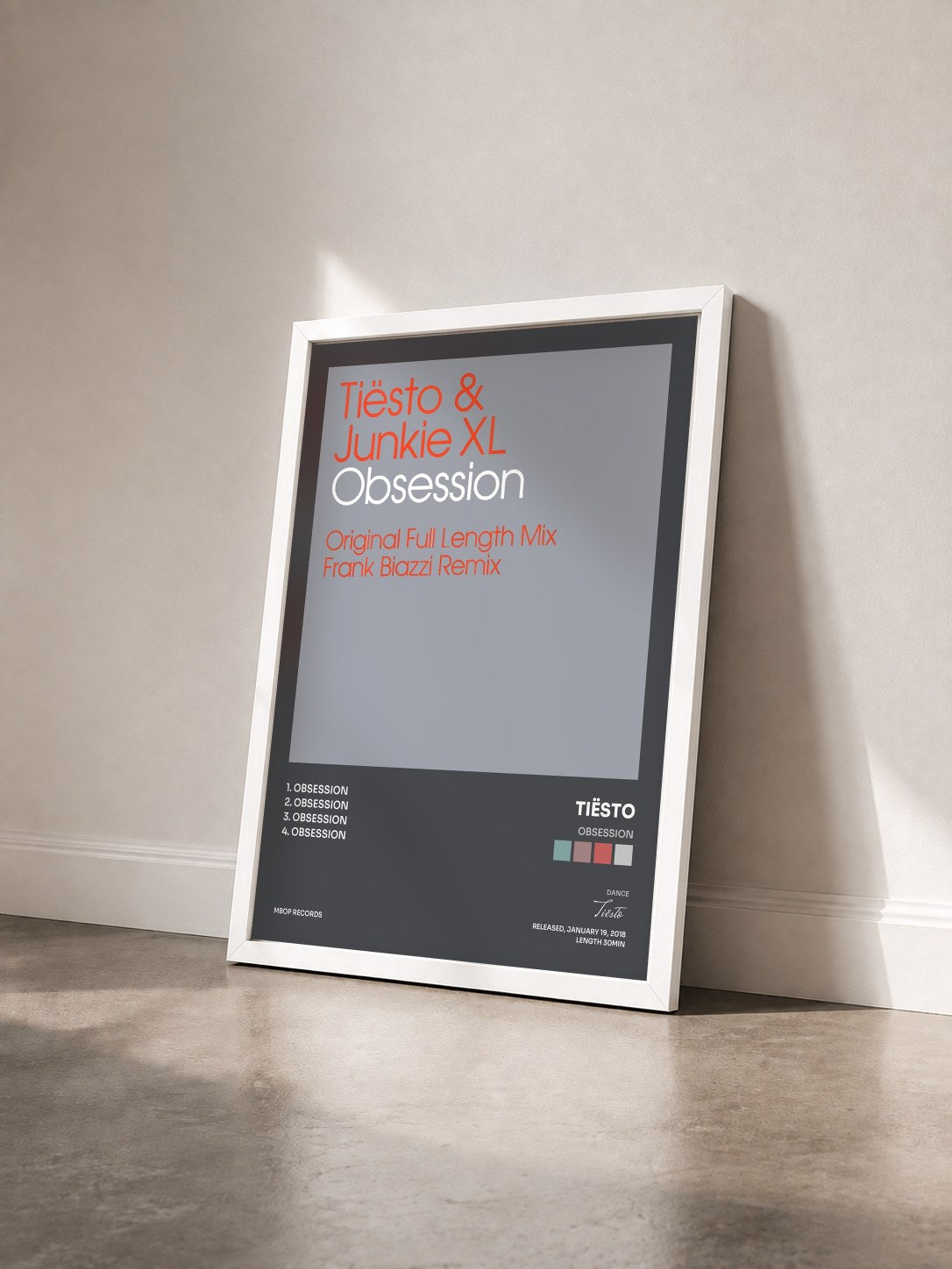 #blanc Tableau de l'album Obsession de Tiësto vu de trois quarts, cadre blanc