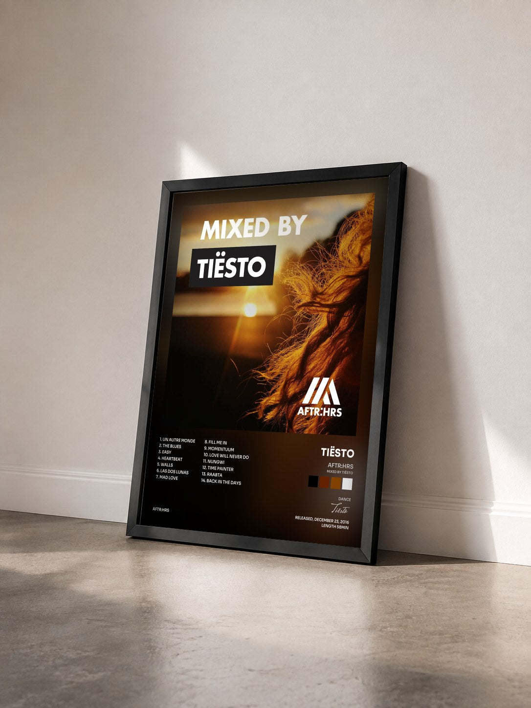 #noir Tableau de l'album AFTR:HRS (Mixed By Tiësto) de Tiësto vu de trois quarts, cadre noir