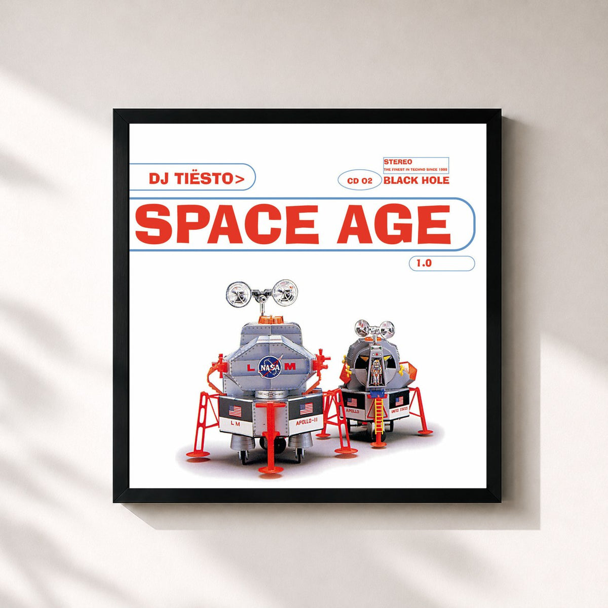 #noir Tableau carré de l'album Space Age 1.0 de Tiësto, cadre noir 32x32 cm