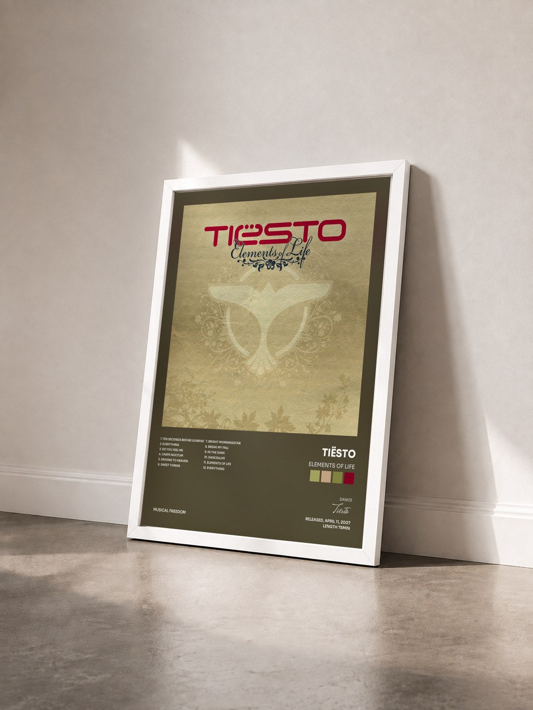#blanc Tableau de l'album Elements Of Life de Tiësto vu de trois quarts, cadre blanc