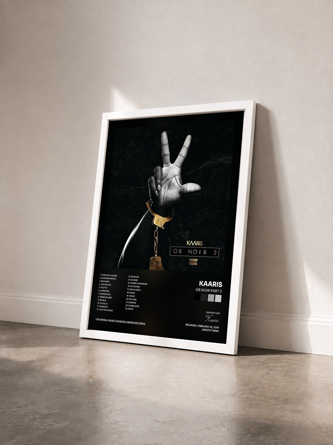 #blanc Or Noir Part 3 by Kaaris as a framed art print seen at an angle, white frame