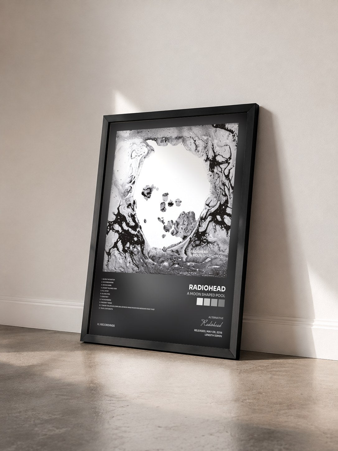 #noir Tableau de l'album A Moon Shaped Pool de Radiohead vu de trois quarts, cadre noir