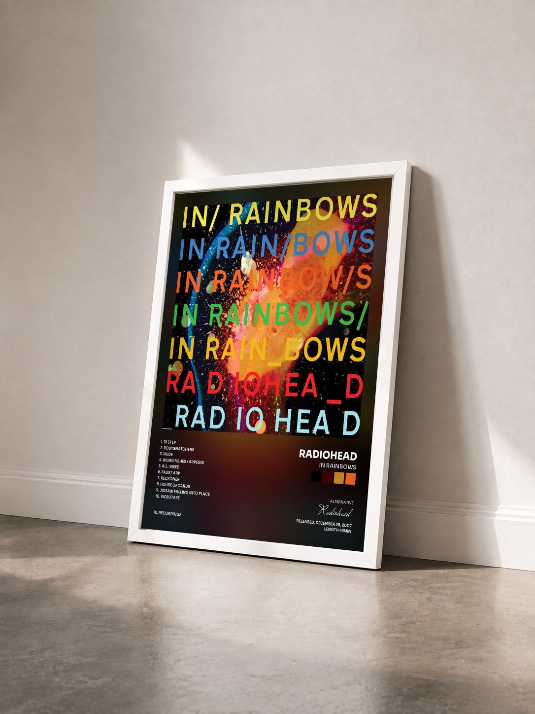 #blanc Tableau de l'album In Rainbows de Radiohead vu de trois quarts, cadre blanc