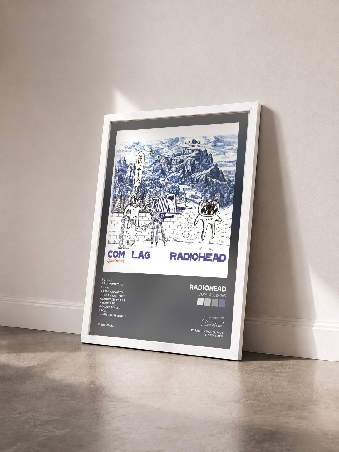 #blanc Tableau de l'album Com Lag: 2+2=5 de Radiohead vu de trois quarts, cadre blanc