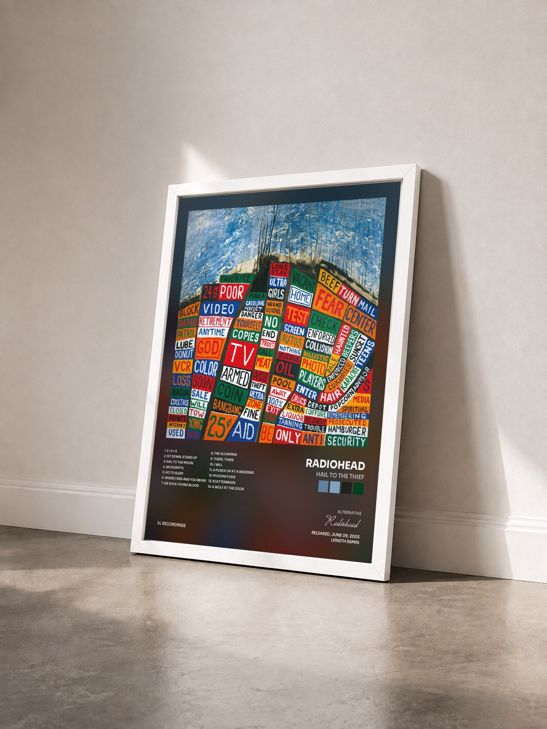 #blanc Tableau de l'album Hail To the Thief de Radiohead vu de trois quarts, cadre blanc