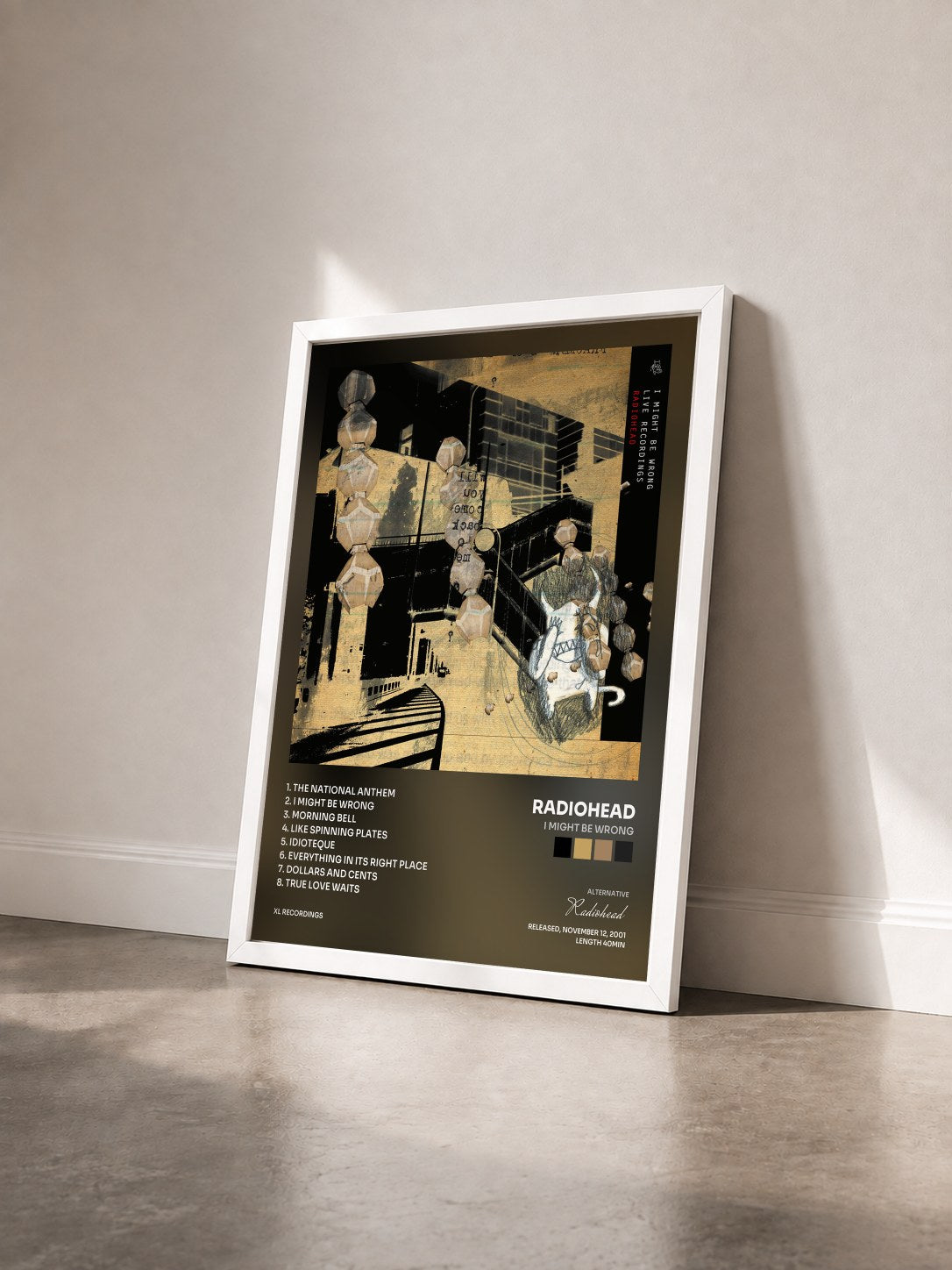 #blanc Tableau de l'album I Might Be Wrong de Radiohead vu de trois quarts, cadre blanc