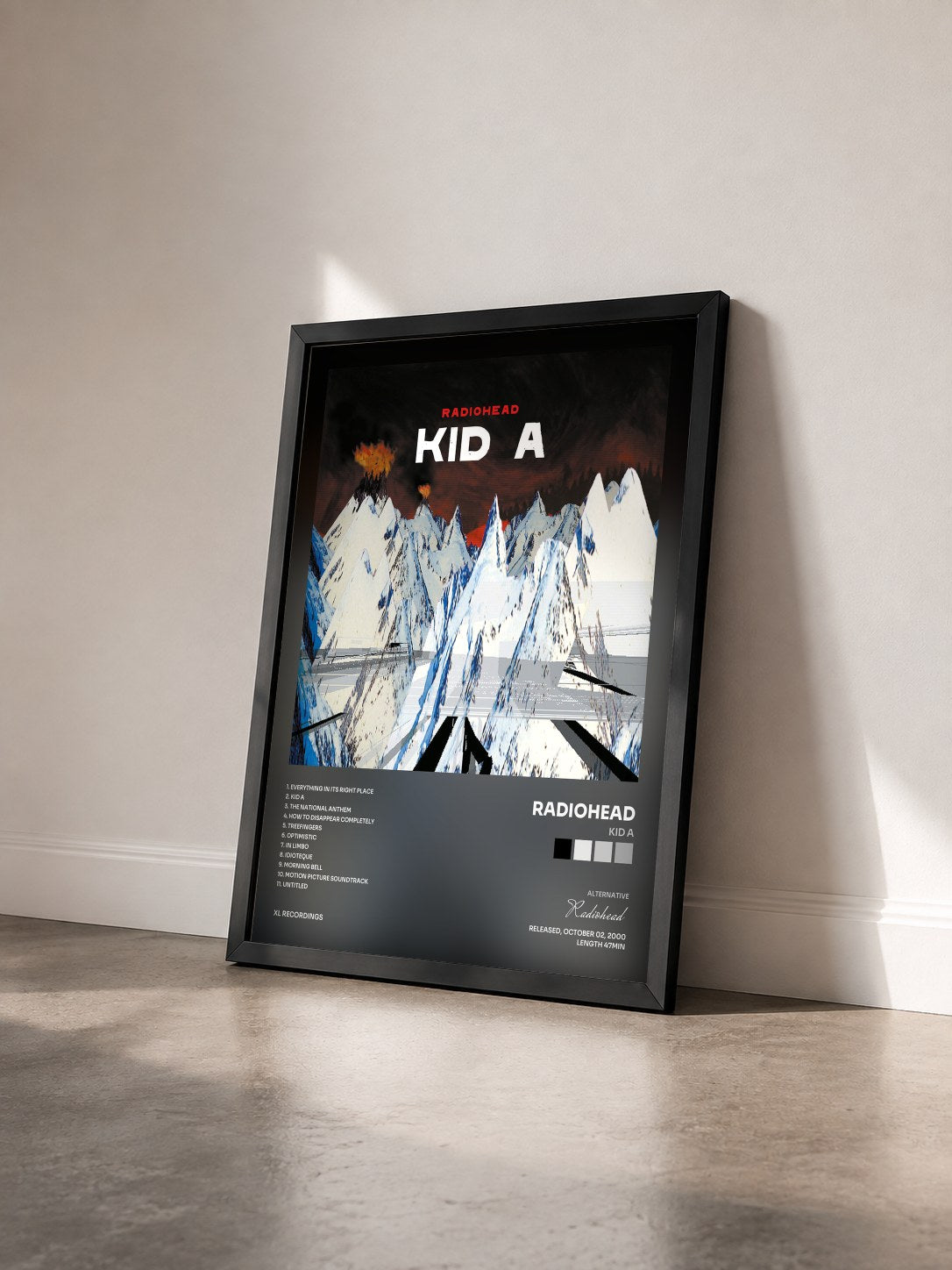#noir Kid A by Radiohead as a framed art print seen at an angle, black frame