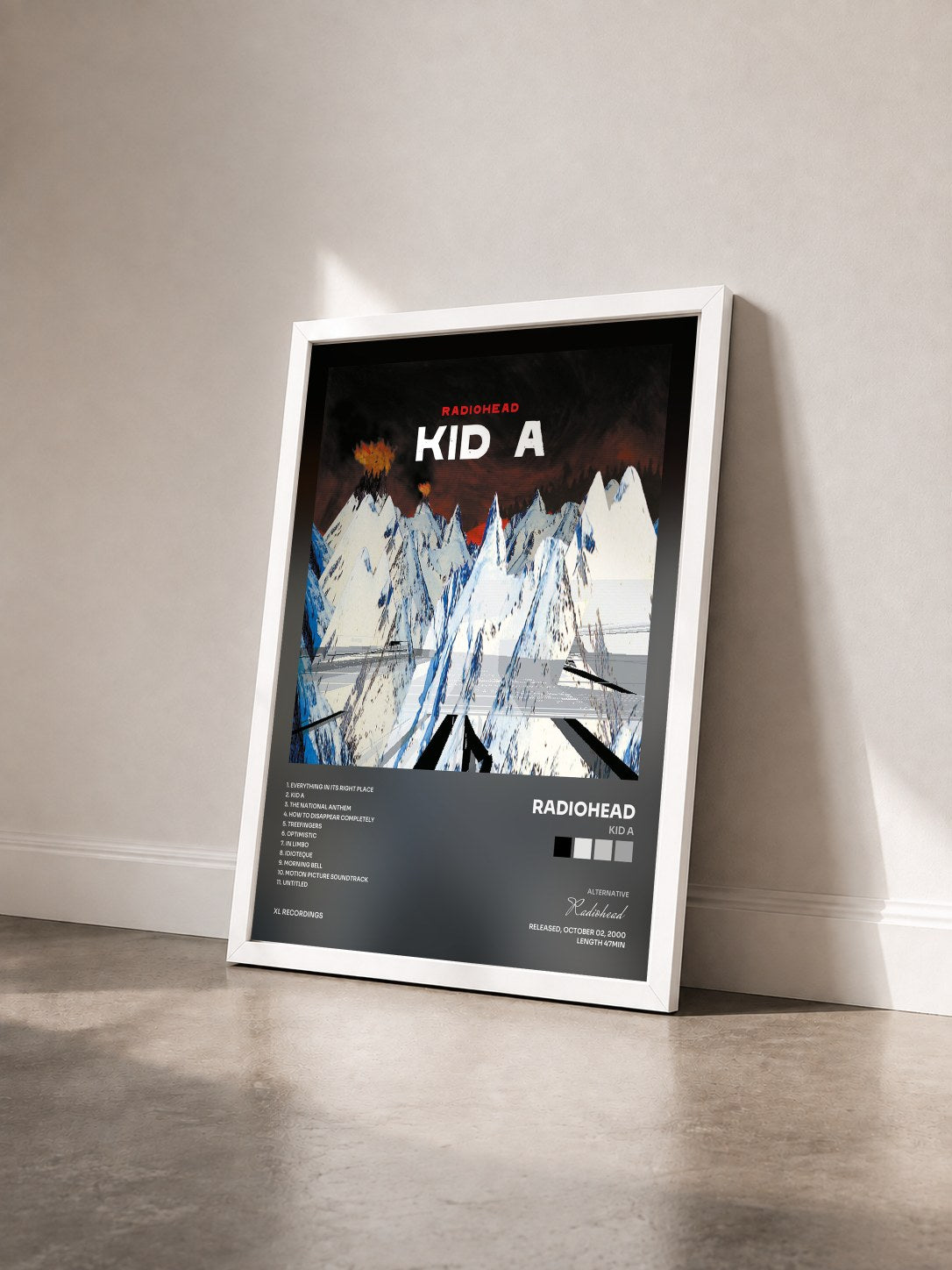 #blanc Kid A by Radiohead as a framed art print seen at an angle, white frame