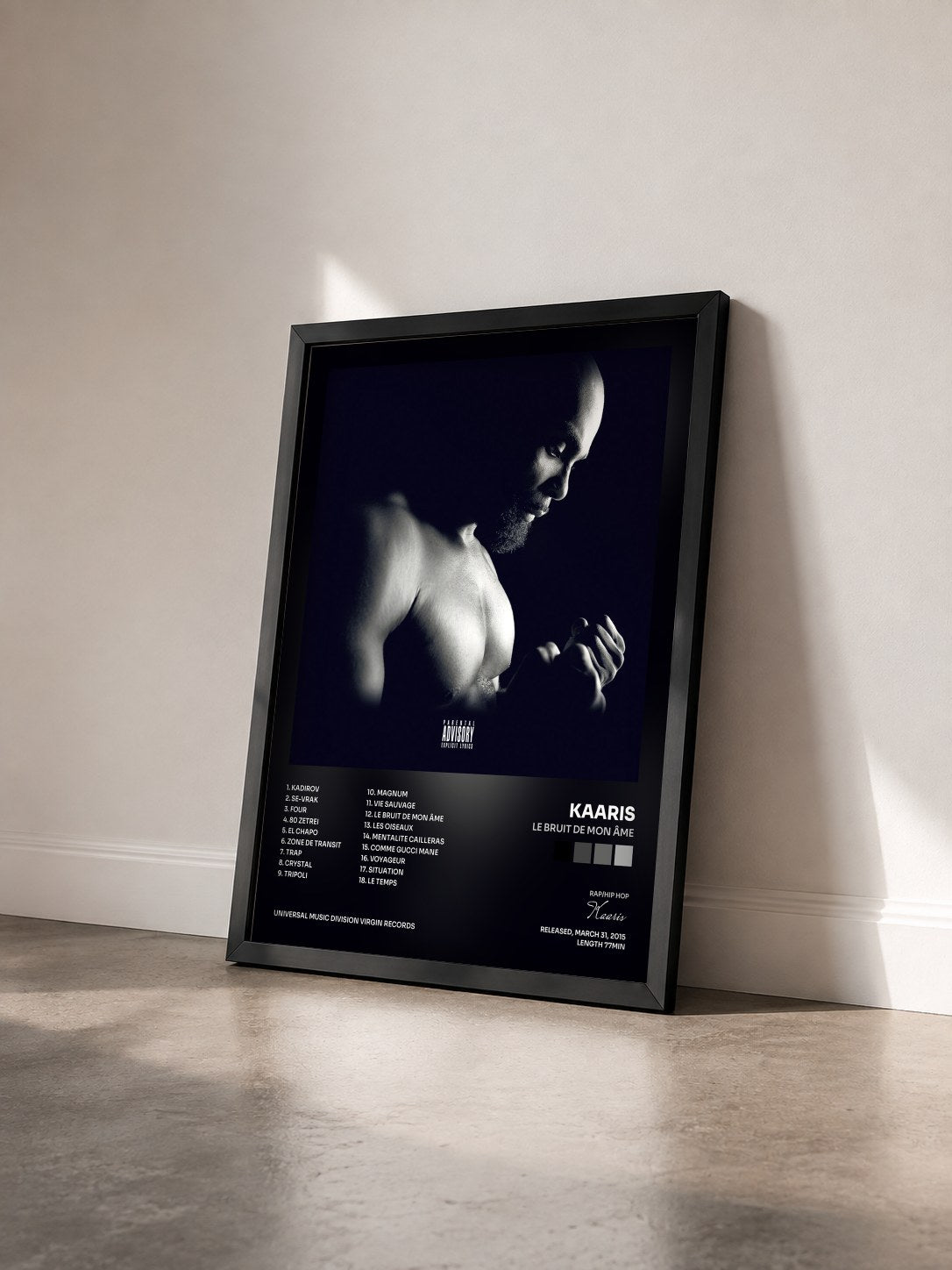 #noir Tableau de l'album Le bruit de mon âme de Kaaris vu de trois quarts, cadre noir