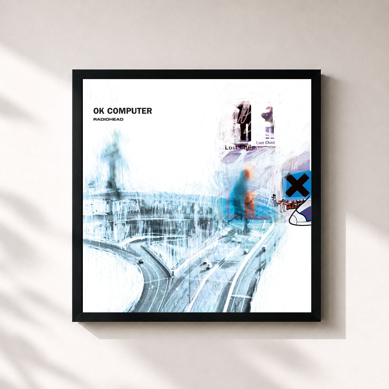 #noir Tableau carré de l'album OK Computer de Radiohead, cadre noir 32x32 cm