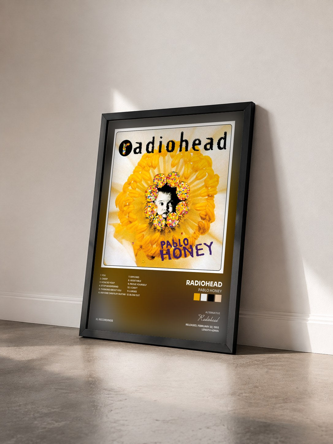 #noir Tableau de l'album Pablo Honey de Radiohead vu de trois quarts, cadre noir