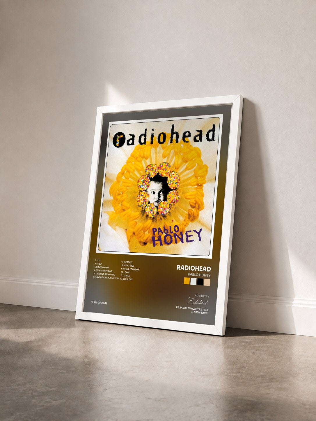 #blanc Tableau de l'album Pablo Honey de Radiohead vu de trois quarts, cadre blanc
