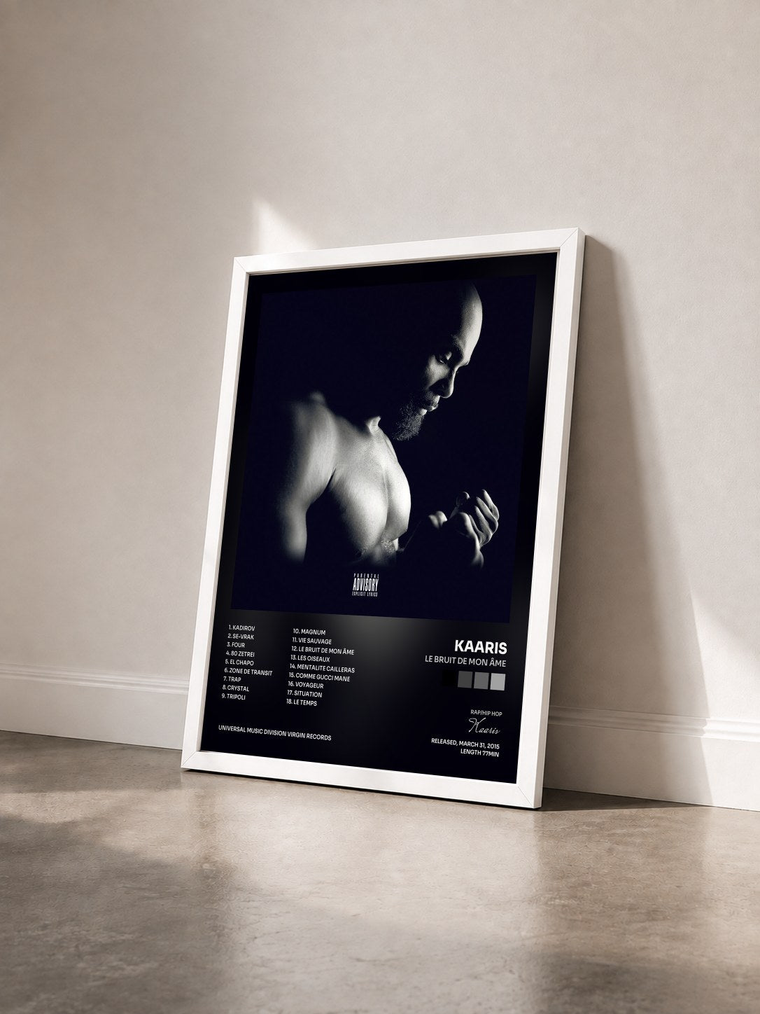 #blanc Tableau de l'album Le bruit de mon âme de Kaaris vu de trois quarts, cadre blanc