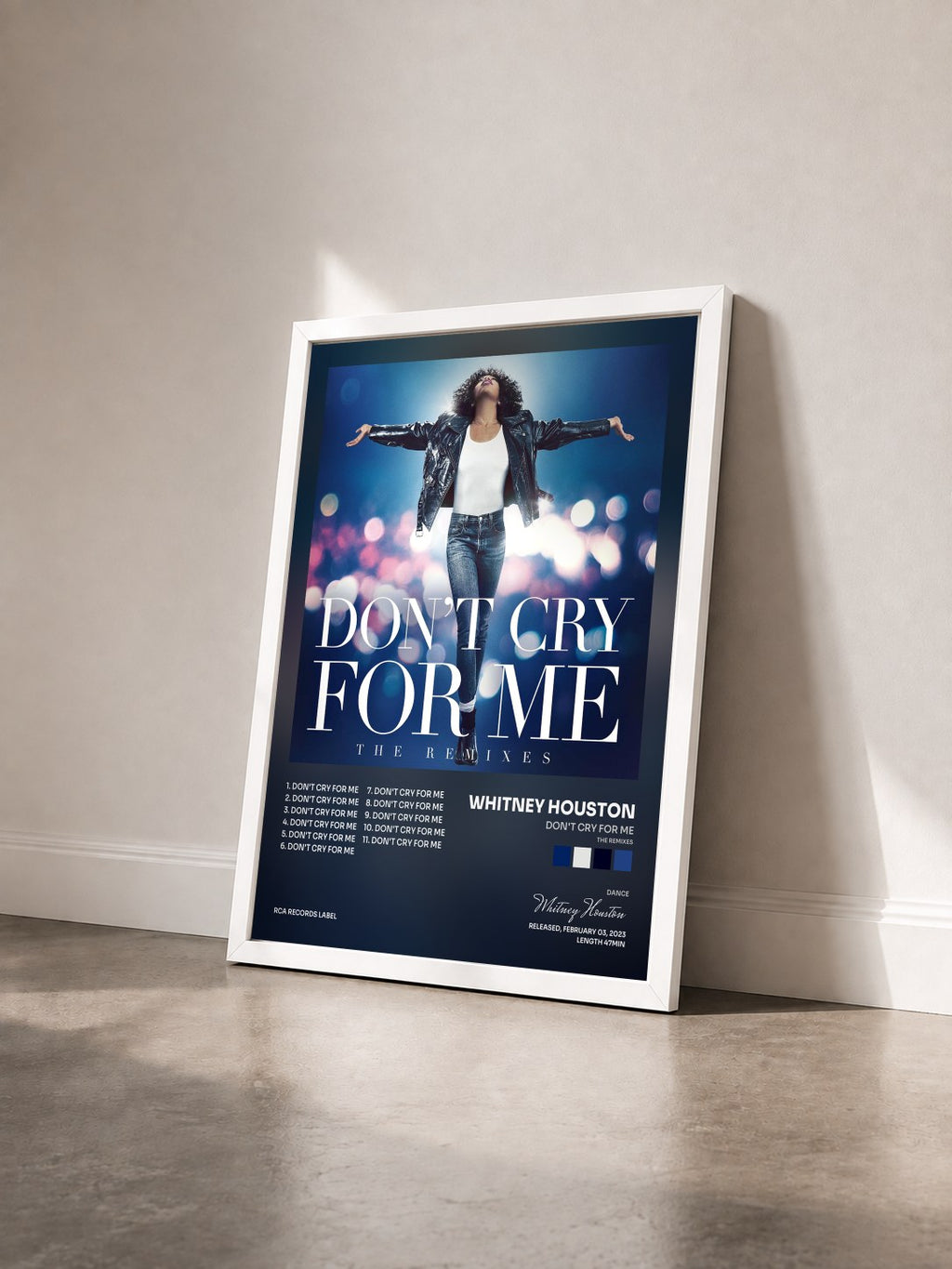#blanc Don't Cry For Me (The Remixes) de Whitney Houston en lámina enmarcada vista de tres cuartos, marco blanco