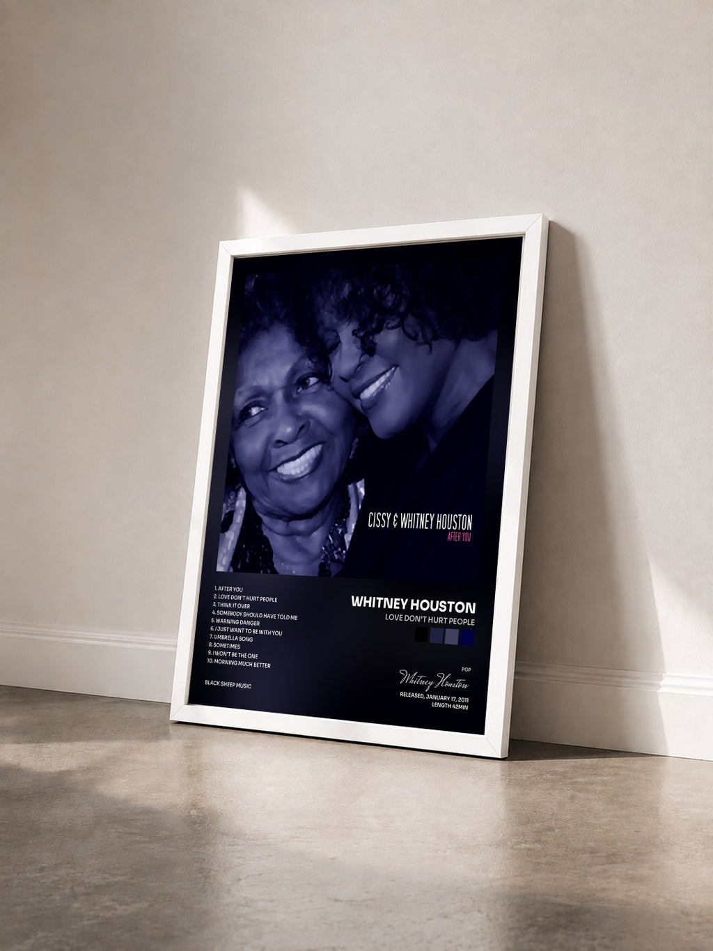 #blanc Tableau de l'album Love Don't Hurt People de Whitney Houston vu de trois quarts, cadre blanc