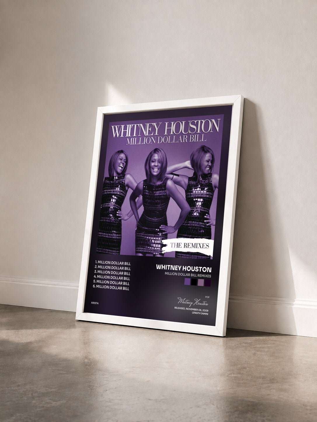 #blanc Tableau de l'album Million Dollar Bill Remixes de Whitney Houston vu de trois quarts, cadre blanc