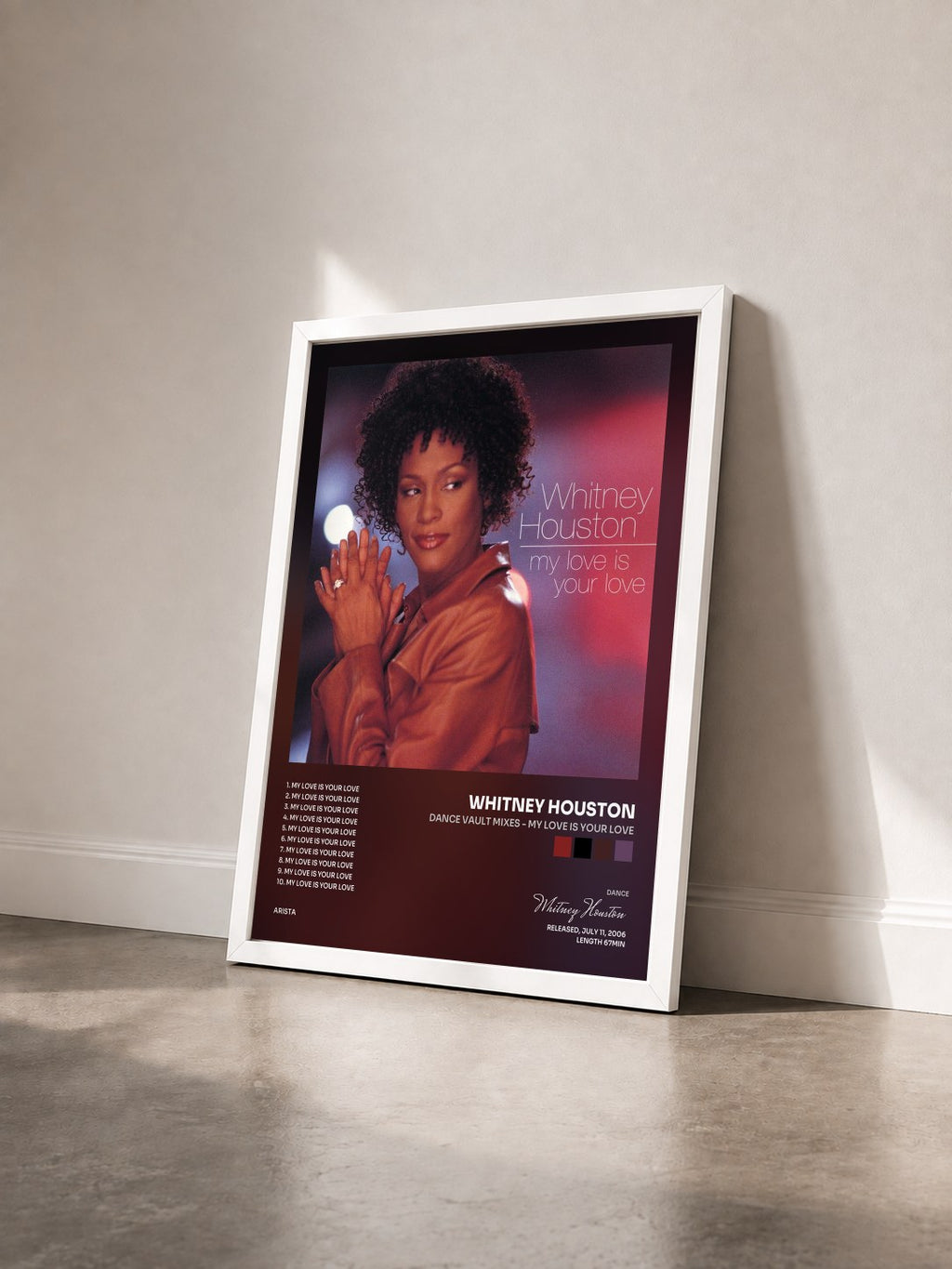 #blanc Tableau de l'album Dance Vault Mixes - My Love Is Your Love de Whitney Houston vu de trois quarts, cadre blanc