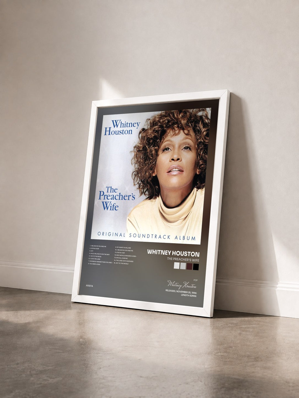 #blanc The Preacher's Wife di Whitney Houston in stampa incorniciata vista di tre quarti, cornice bianca