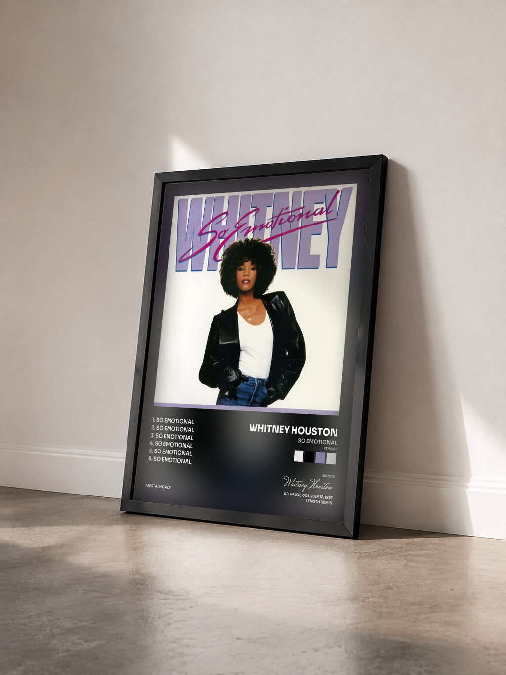 #noir So Emotional (Remixes) de Whitney Houston en lámina enmarcada vista de tres cuartos, marco negro