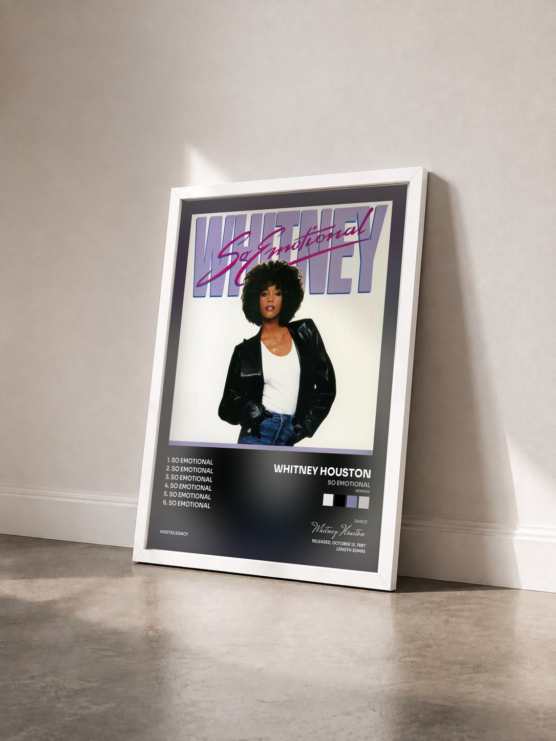 #blanc Tableau de l'album So Emotional (Remixes) de Whitney Houston vu de trois quarts, cadre blanc