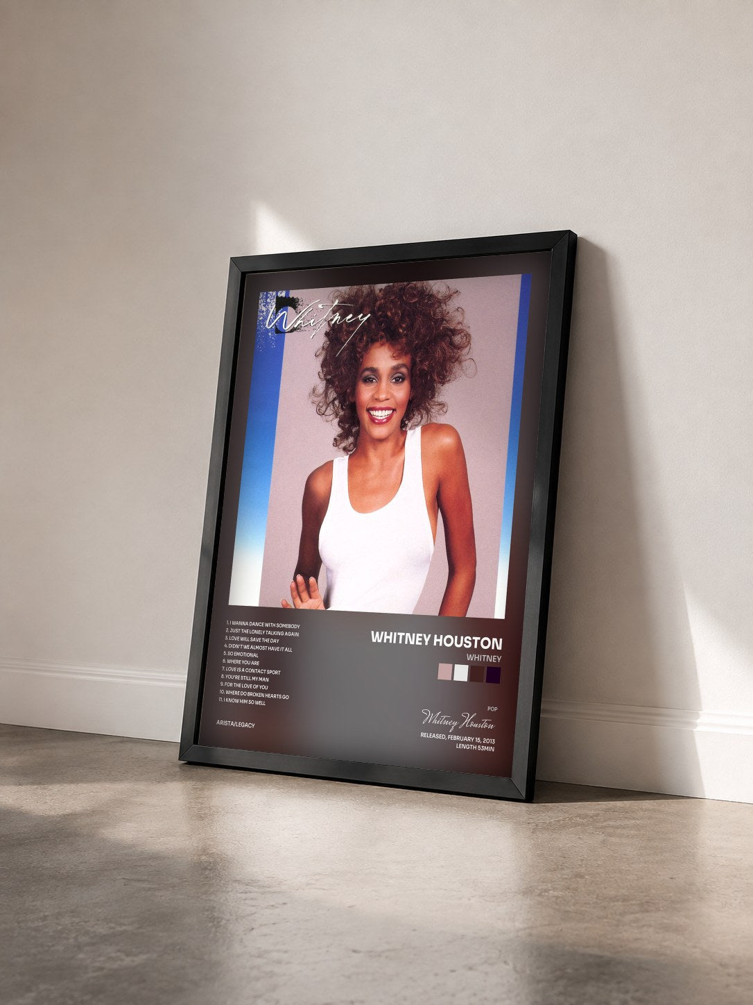 #noir Tableau de l'album Whitney de Whitney Houston vu de trois quarts, cadre noir