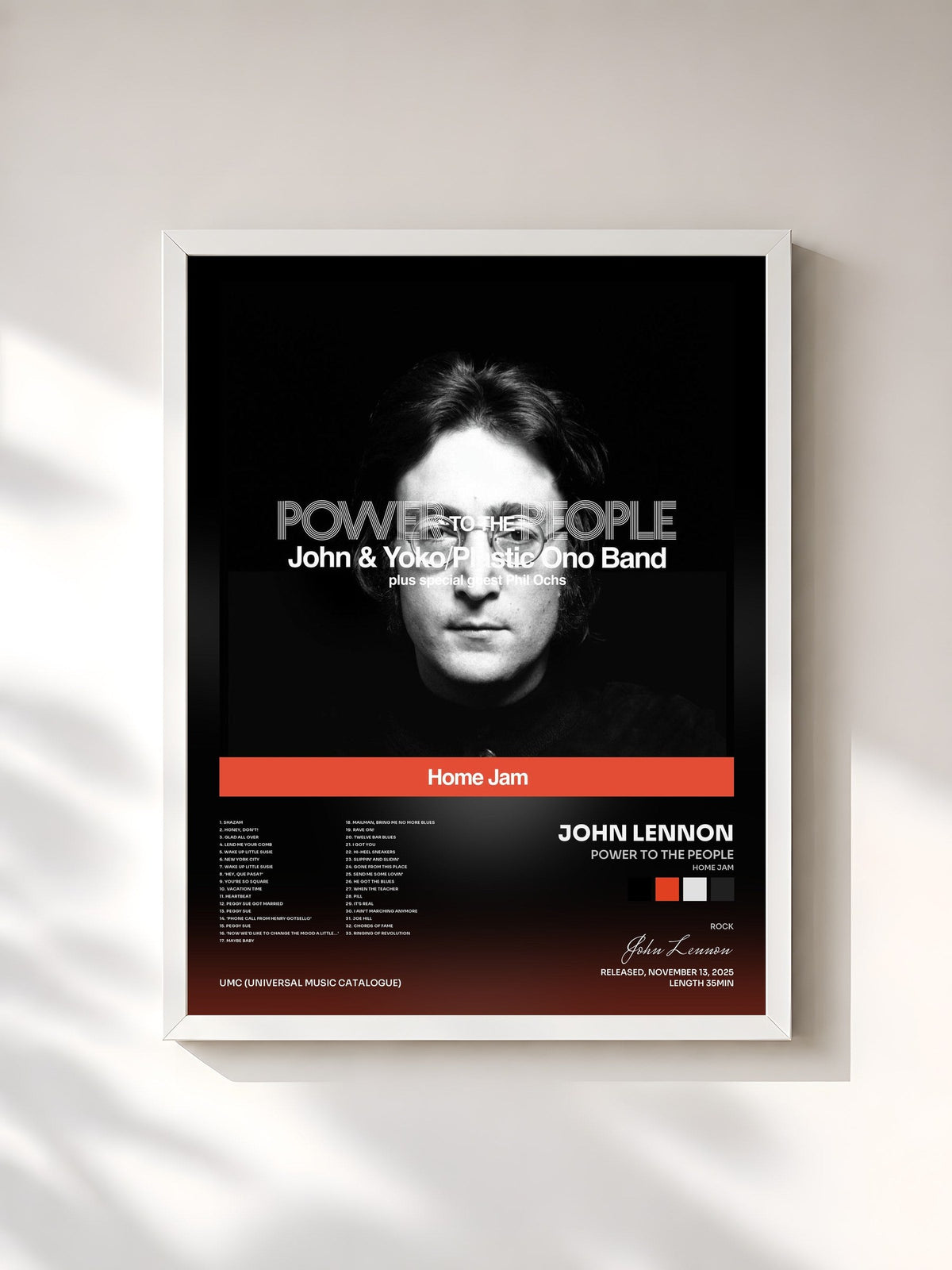 #blanc Tableau de l'album Power To The People (Home Jam) de John Lennon, cadre blanc, imprimé et encadré en France