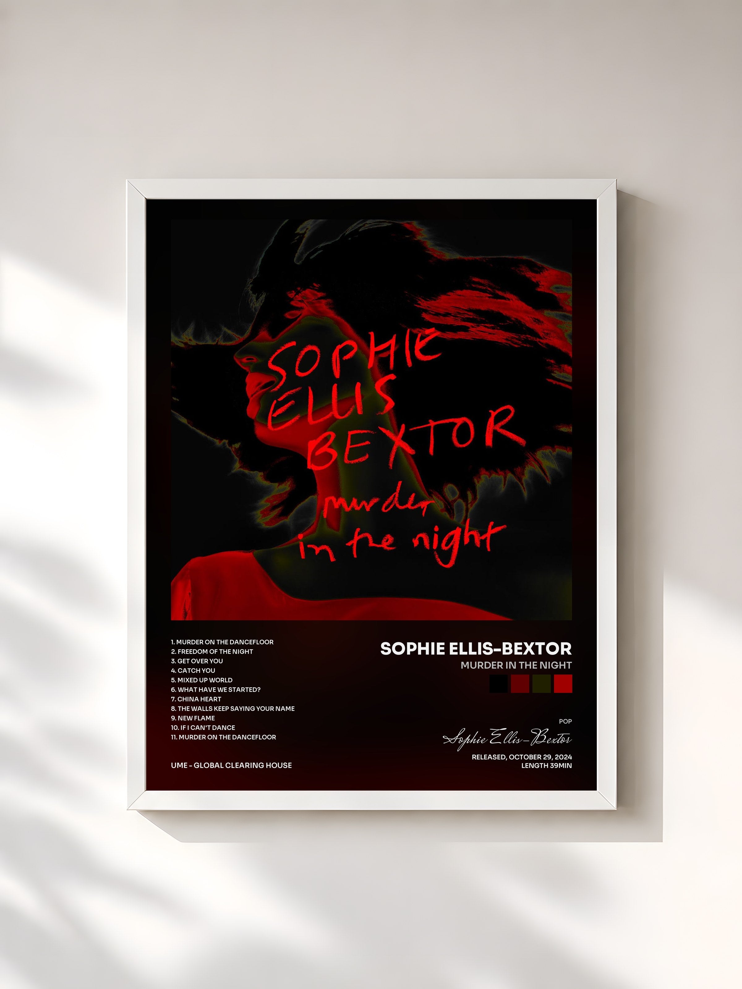 #blanc Tableau de l'album Murder In The Night de Sophie Ellis-Bextor, cadre blanc, imprimé et encadré en France